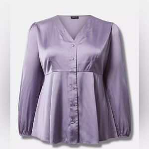 Peplum satin button fronting sleeve top - torrid